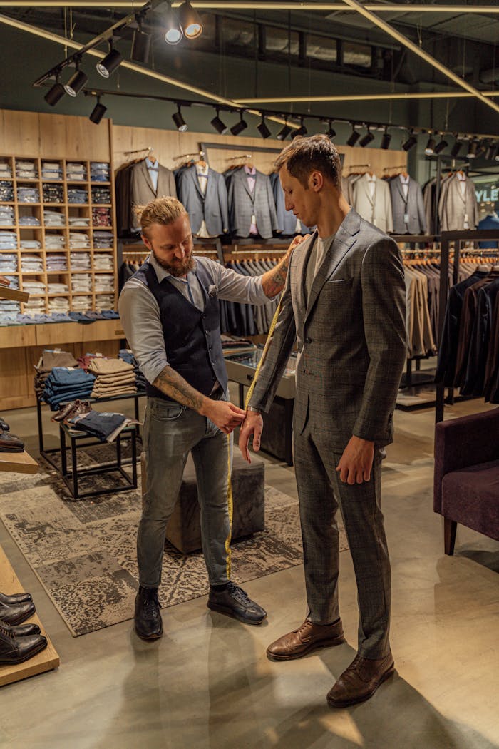 gallery-1 Professional tailor measuring client for a perfect custom suit fit in upscale clothing store.