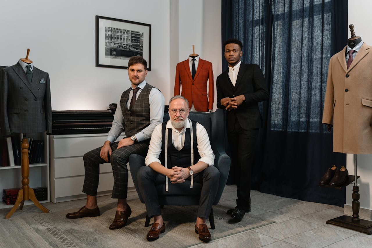 about-01 Three male fashion designers in a tailoring studio showcasing elegant suits and craftsmanship.